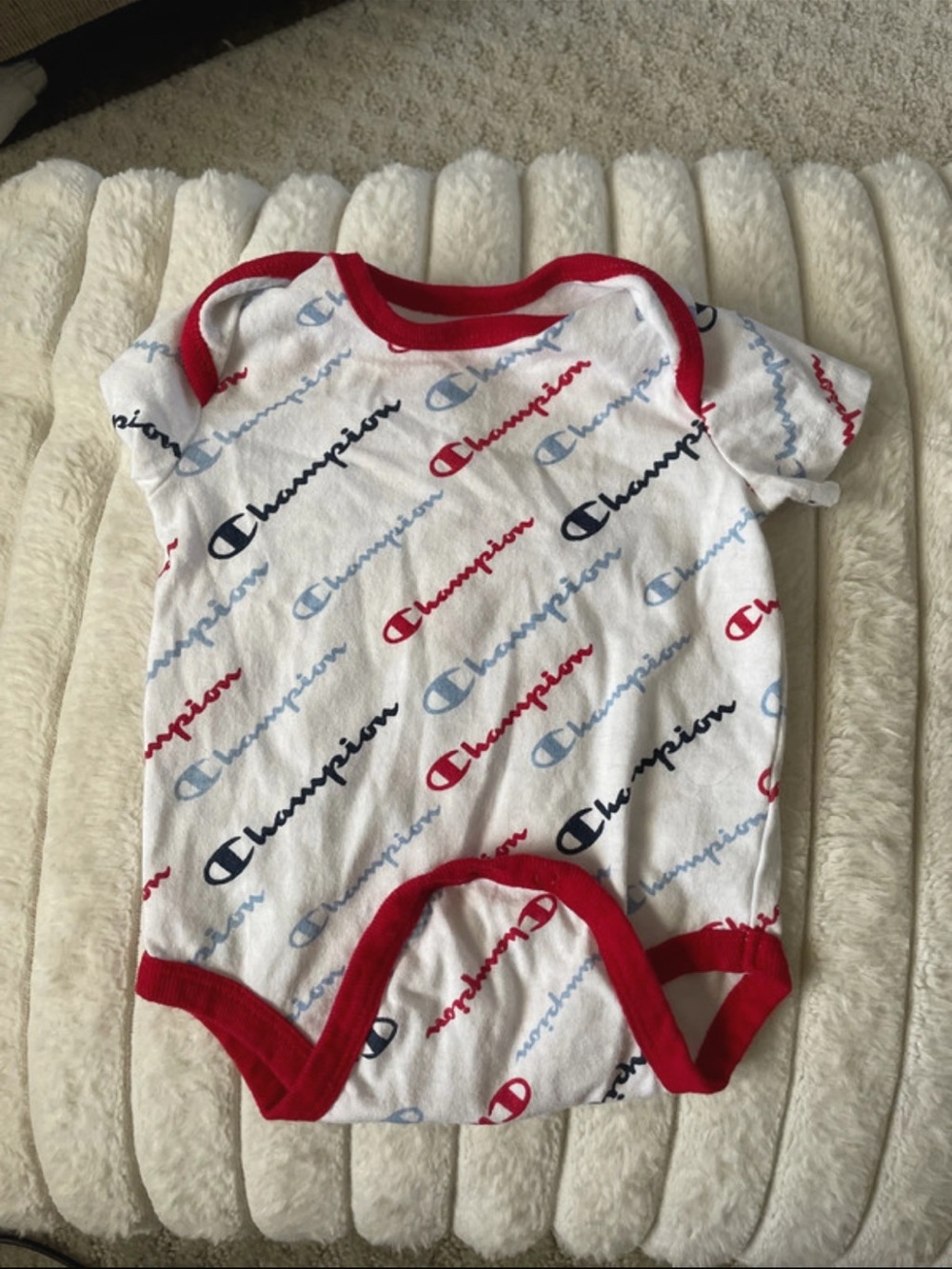 Champion White Bodysuit with Red and Blue Logo Print